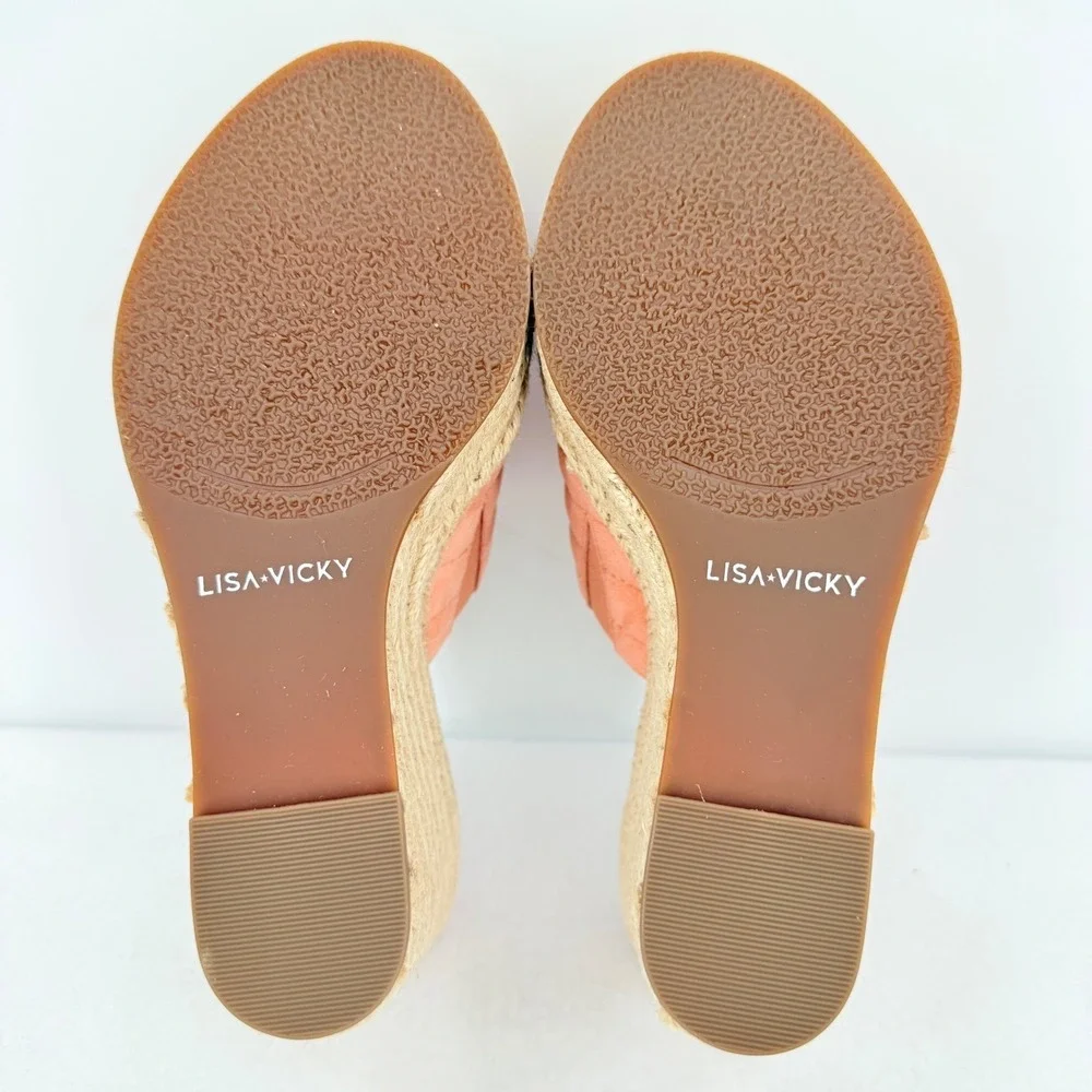 Lisa Vicky Womens Coral Pink Quilted Espadrille Wedge Mules Sz 6M Platform NWOB